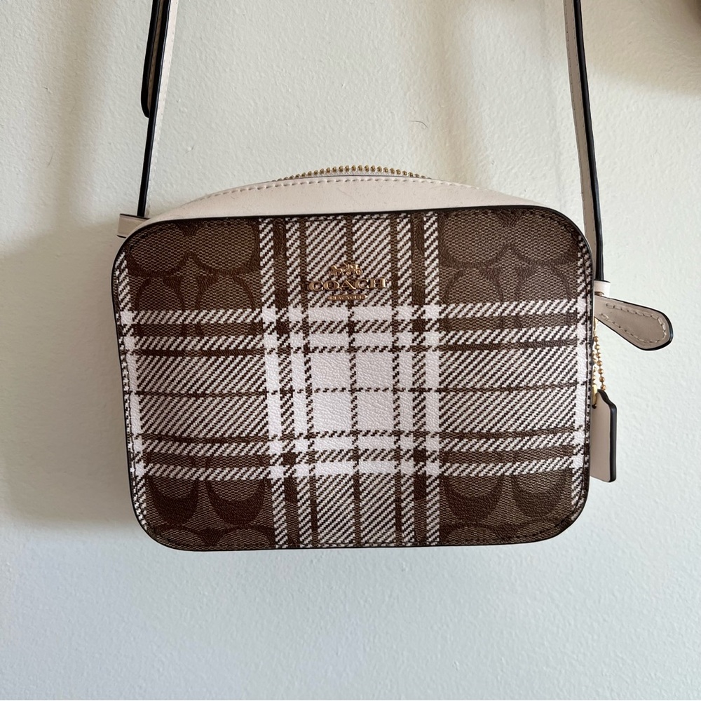 Coach Tan and Cream Checkered Crossbody Bag